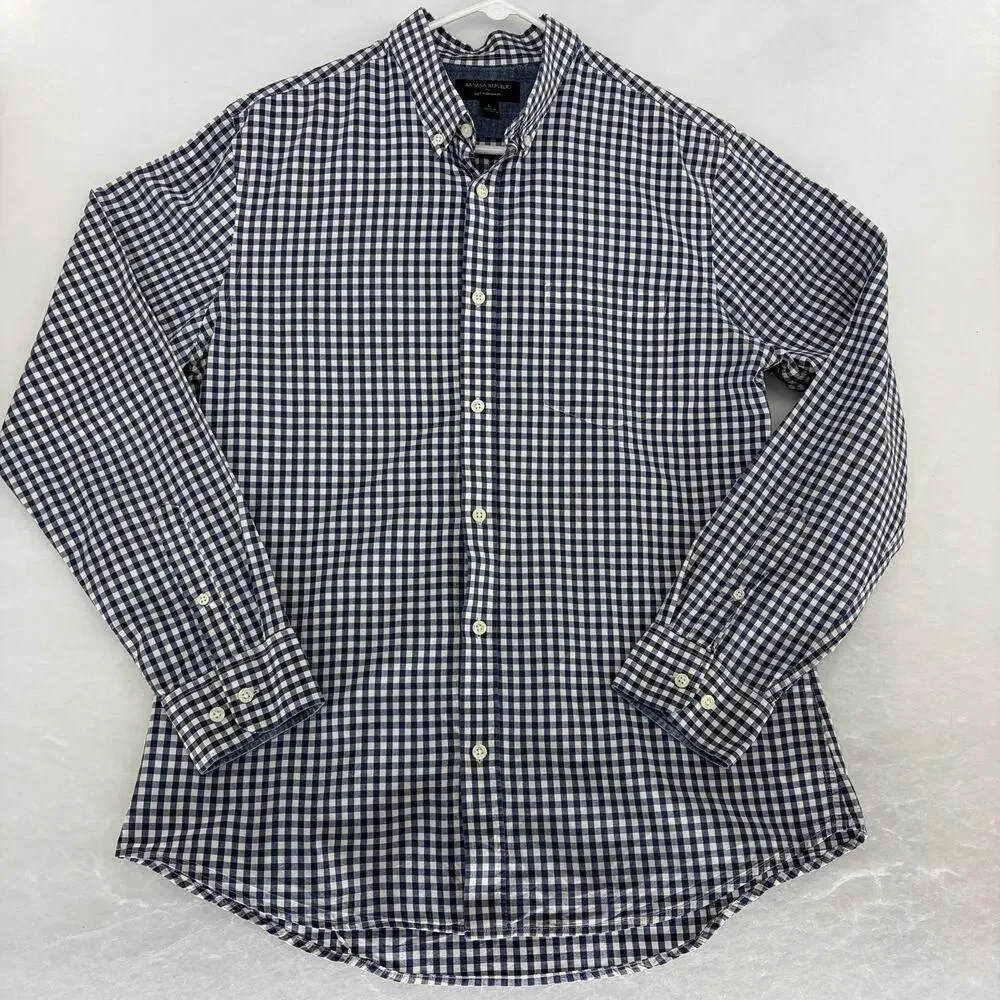 Banana Republic Navy Gingham Check Slim Fit Button Down Shirt Men's L